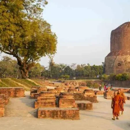 Sarnath : 7 km (20 to 25 minutes drive) A significant archaeological and spiritual site, where Buddha delivered his first sermon. Highlights include the Thai Temple, Standing Buddha statue, and the Sarnath Museum.